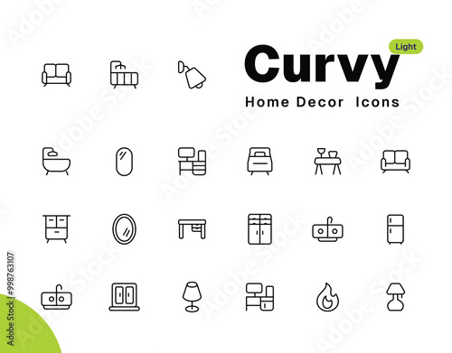 Luxury Home & Office Furniture Icon Collection - Sofa, Chair, Table, Bed, Shelves, and Interior Decor in Modern Vector Outline Design