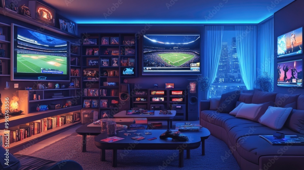Modern living room with a large television, a sofa, and a bookshelf filled with video games. Modern living room with a large television, a sofa, and a bookshelf filled with video games.