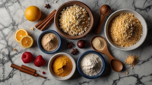 Flat Lay of Baking Ingredients on a Marble Countertop, cooking ingredients, desserts, spices.