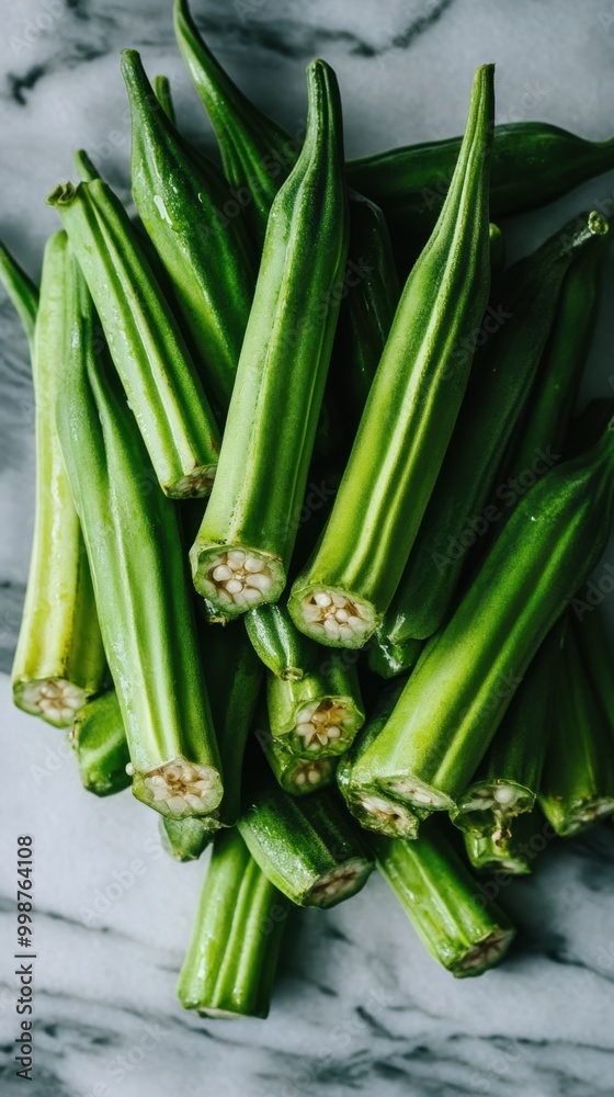 Obraz premium Fresh okra vegetables piled up on marble background