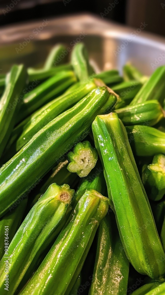 Fresh okra vegetables are piled up in a stainless steel bowl and ready for cooking Fresh okra vegetables are piled up in a stainless steel bowl and ready for cooking