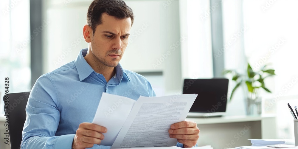 Focused Man in Blue Shirt Reviewing Document at Clean Office Desk with Laptop Bright Natural Light from Windows Serious Expression Reflecting Deep Thought and Concentration Focused Man in Blue Shirt Reviewing Document at Clean Office Desk with Laptop Bright Natural Light from Windows Serious Expression Reflecting Deep Thought and Concentration