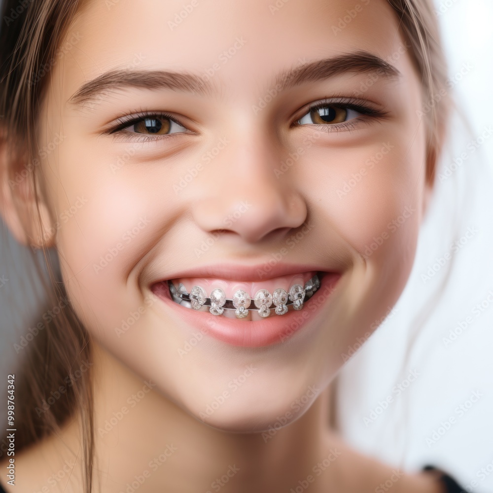 A young girl wearing braces is happily smiling for the camera A young girl wearing braces is happily smiling for the camera