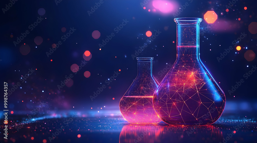 Abstract 3D Render of Two Glass Flasks with Glowing Lines on a Blue Background with Bokeh Lights Abstract 3D Render of Two Glass Flasks with Glowing Lines on a Blue Background with Bokeh Lights