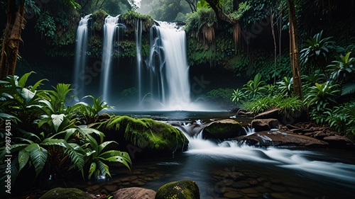 Waterfall beautiful Majestic in a Tropical Jungle nature and adventure tree plant.