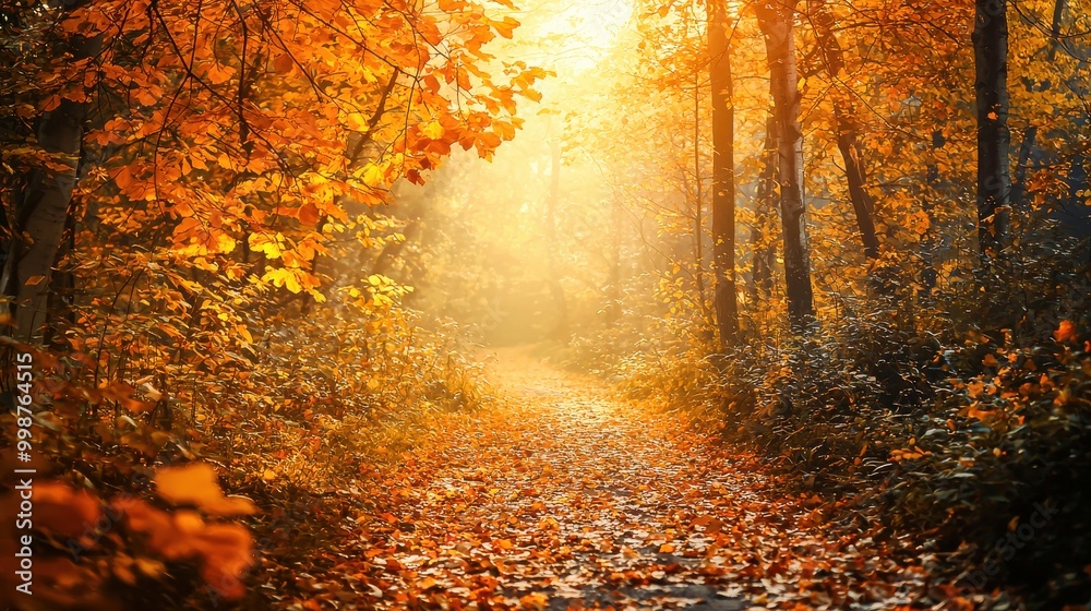 Fototapeta premium A winding path through a dense forest, adorned with vibrant yellow and orange leaves. Sunlight filters through the branches, casting a golden glow on the fallen leaves