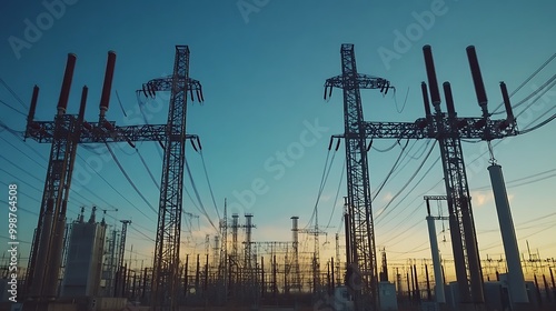 A wide-angle shot of high-voltage power lines leading into an industrial plant, illustrating the infrastructure necessary for electrical supply. photo