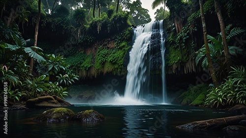 Majestic Waterfall in a Tropical Jungle nature and adventure tree plant.