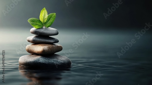Tranquil Stack of Stones with Fresh Green Leaves