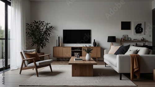 Living Room Minimalist with Scandinavian Design Light colors and simple furniture.