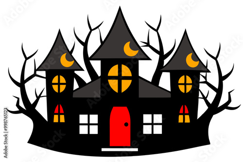 Spooky Haunted House Silhouette with Eerie Trees