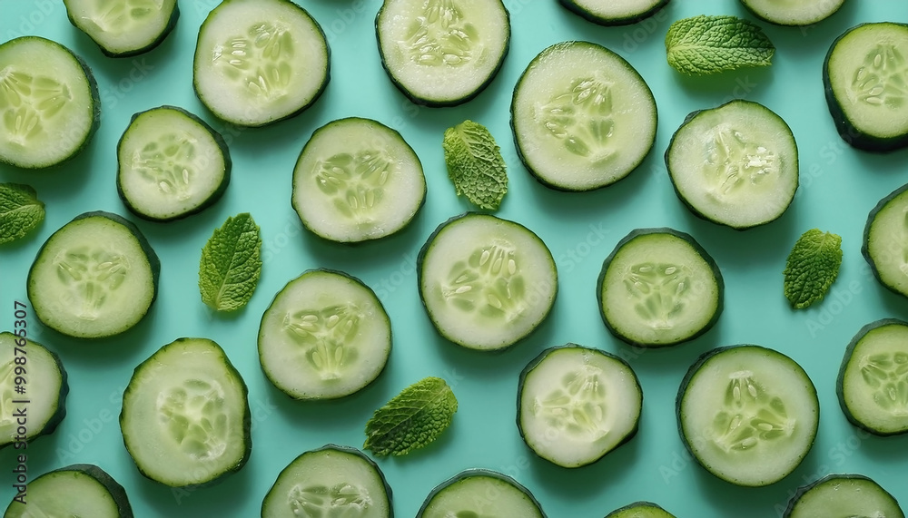 Some cucumber slices on a mint background Some cucumber slices on a mint background