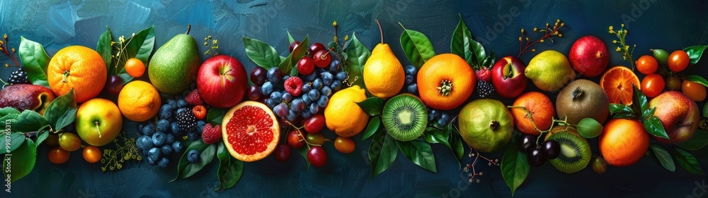 A vibrant arrangement of fresh fruits on a blue background. A vibrant arrangement of fresh fruits on a blue background.