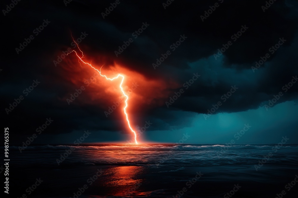 A dramatic scene showcasing a powerful lightning strike illuminating dark storm clouds over a turbulent ocean, reflecting a fierce energy of nature. A dramatic scene showcasing a powerful lightning strike illuminating dark storm clouds over a turbulent ocean, reflecting a fierce energy of nature.
