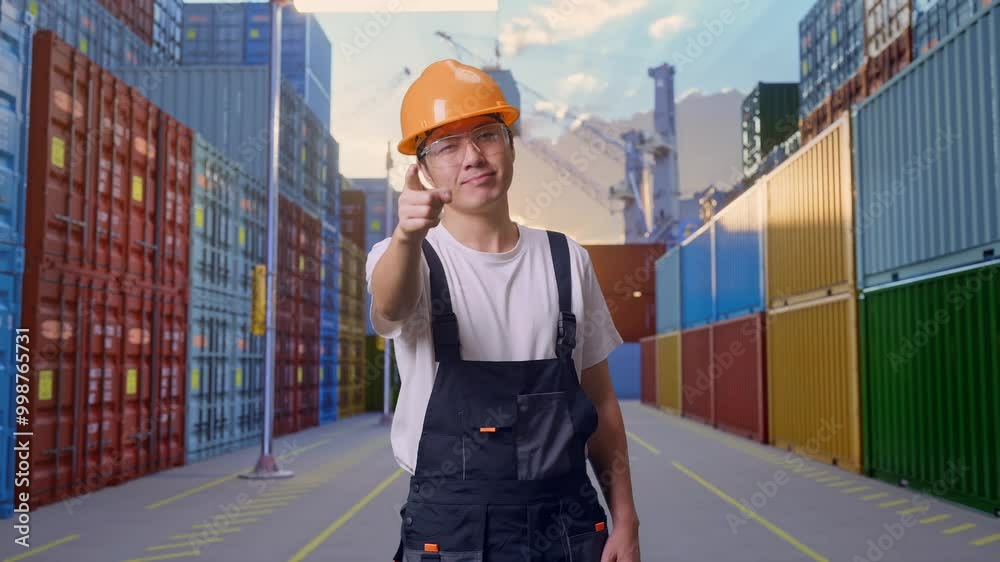 Asian Man Worker Wearing Goggles And Safety Helmet Smiling And Touching His Chest Then Pointing At You While Standing At Container Yard Warehouse Asian Man Worker Wearing Goggles And Safety Helmet Smiling And Touching His Chest Then Pointing At You While Standing At Container Yard Warehouse