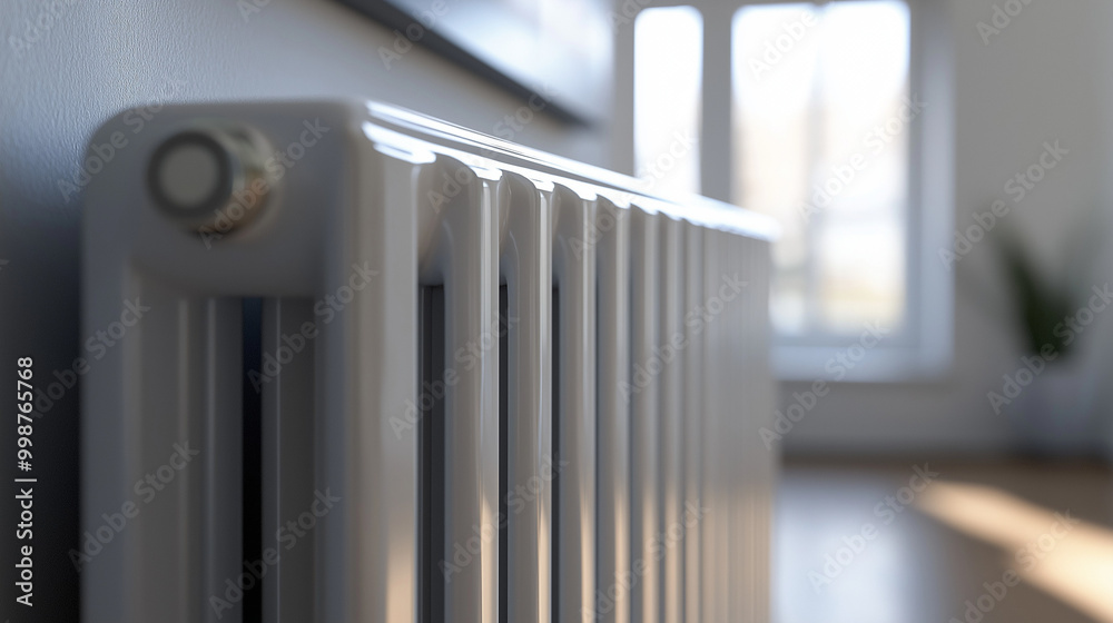 Close-up of white radiator in a sunlit room Close-up of white radiator in a sunlit room