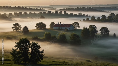 Fog Rolling Morning Over a Quiet Countryside, trees, grass, cool air.