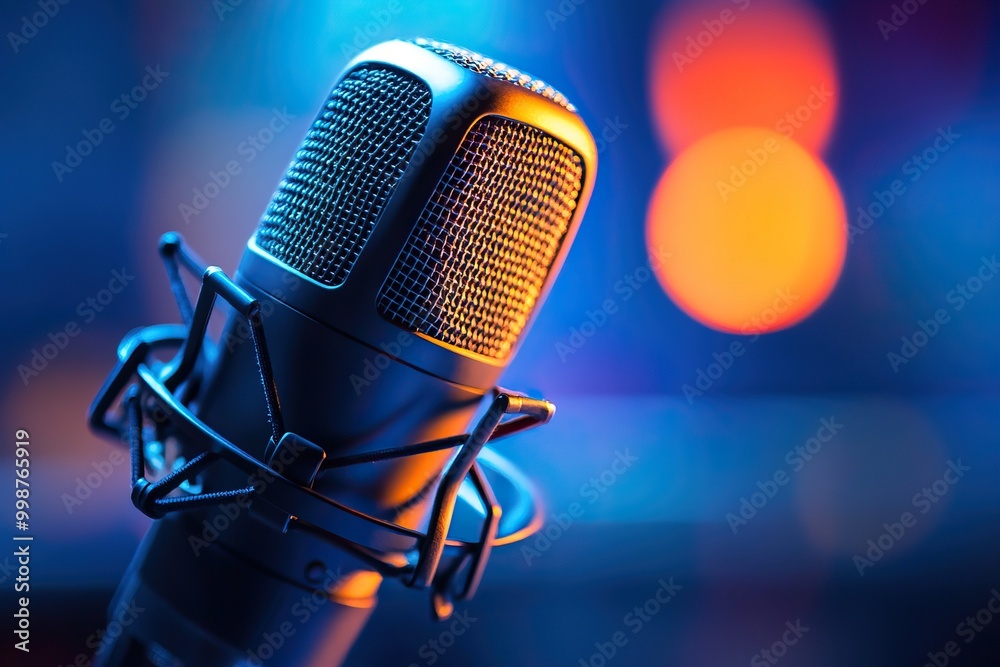 Close-up of a professional microphone against a vibrant blue and orange blurred background, highlighting sound recording and audio production.