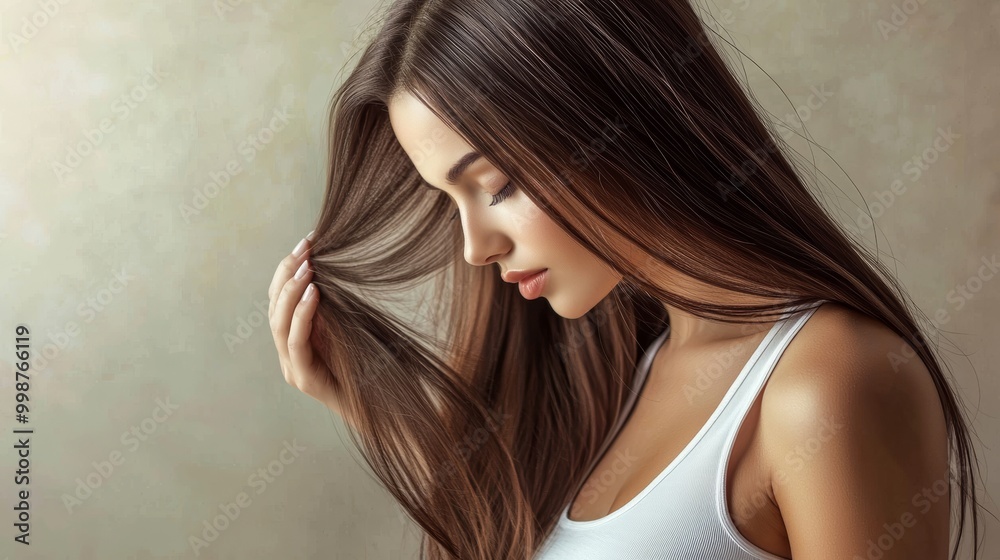 Beautiful Woman with Flowing Brown Hair in White Tank Top Showcasing Perfectly Straight and Shiny Hair Smooth Skin Natural Look Soft and Flawless Beauty Portrait Beautiful Woman with Flowing Brown Hair in White Tank Top Showcasing Perfectly Straight and Shiny Hair Smooth Skin Natural Look Soft and Flawless Beauty Portrait