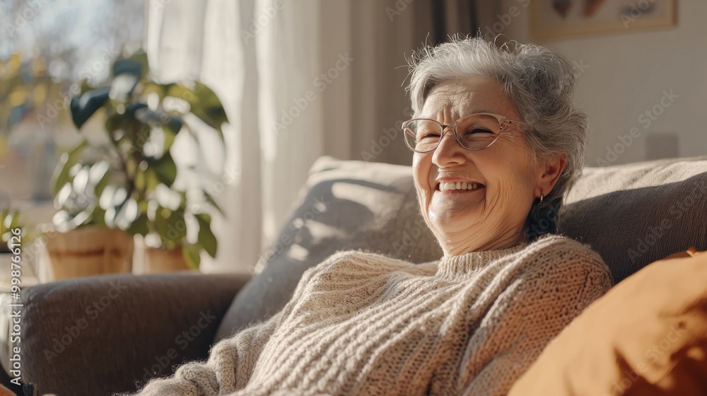 Happy senior woman smiling while relaxing. sitting on sofa at home looking at camera. Advertisement concept Happy senior woman smiling while relaxing. sitting on sofa at home looking at camera. Advertisement concept