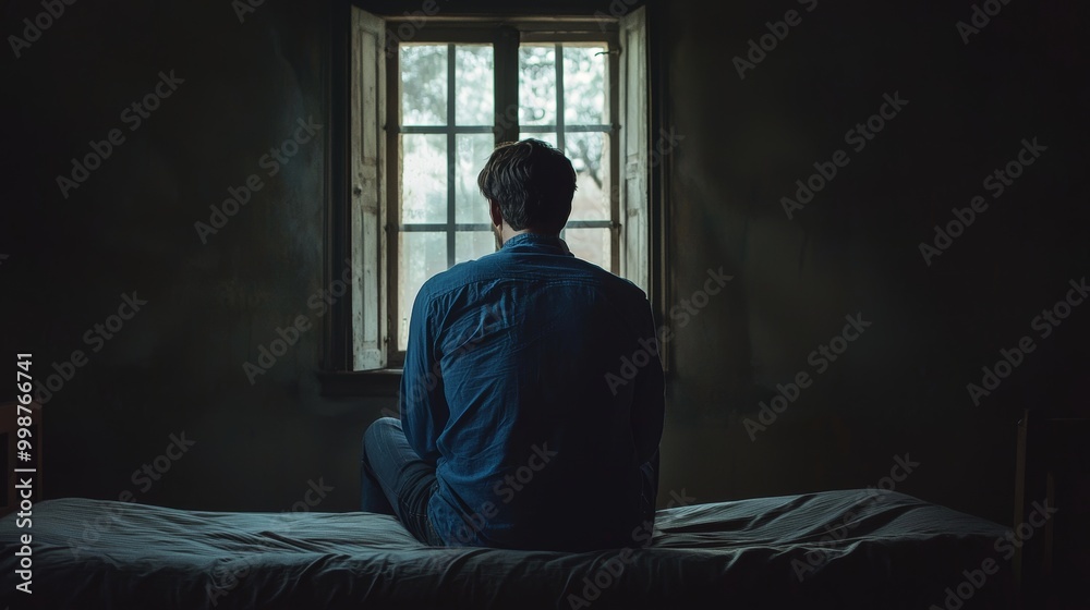 Lonely Man in Blue Shirt Gazes Out Window from Sparse Room Soft Light Illuminates Contemplative Mood Evoking Feelings of Isolation and Reflection in Quiet Setting Lonely Man in Blue Shirt Gazes Out Window from Sparse Room Soft Light Illuminates Contemplative Mood Evoking Feelings of Isolation and Reflection in Quiet Setting