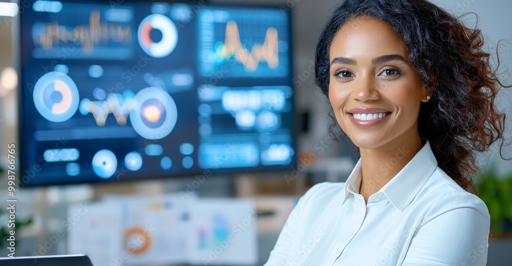Fototapeta premium In the background is an image of financial data processing over the head of an African-American businesswoman