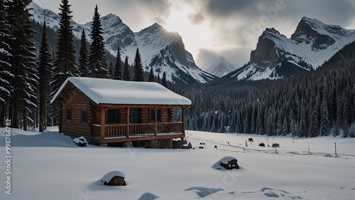 Mountain Cabin Covered in Snow During Winter Relaxation in nature and winter.