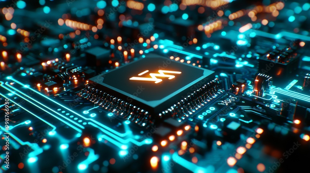 Obraz premium Eco battery symbol on a microchip. White neon data flows between battery and user over a futuristic motherboard.