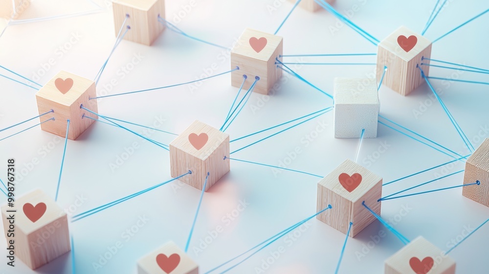 Concept of Love Technology with a wood block featuring the heart symbol. User network connections are represented by blue strings on a white background. Concept of Love Technology with a wood block featuring the heart symbol. User network connections are represented by blue strings on a white background.