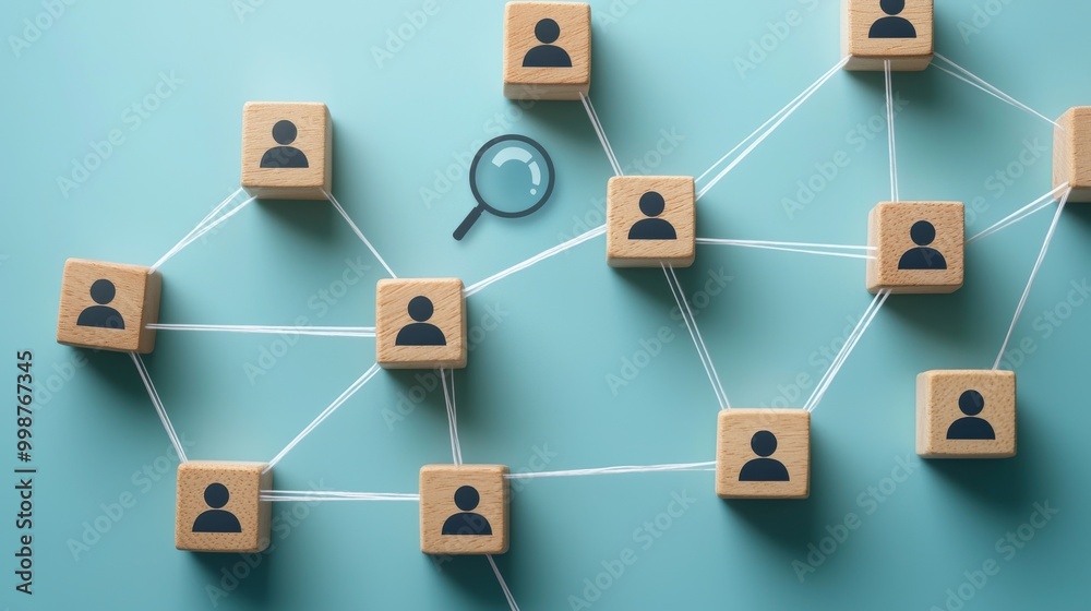 An illustration of a search technology concept with a magnifier symbol on a wooden block, with user network links represented by white strings. The background is blue. An illustration of a search technology concept with a magnifier symbol on a wooden block, with user network links represented by white strings. The background is blue.