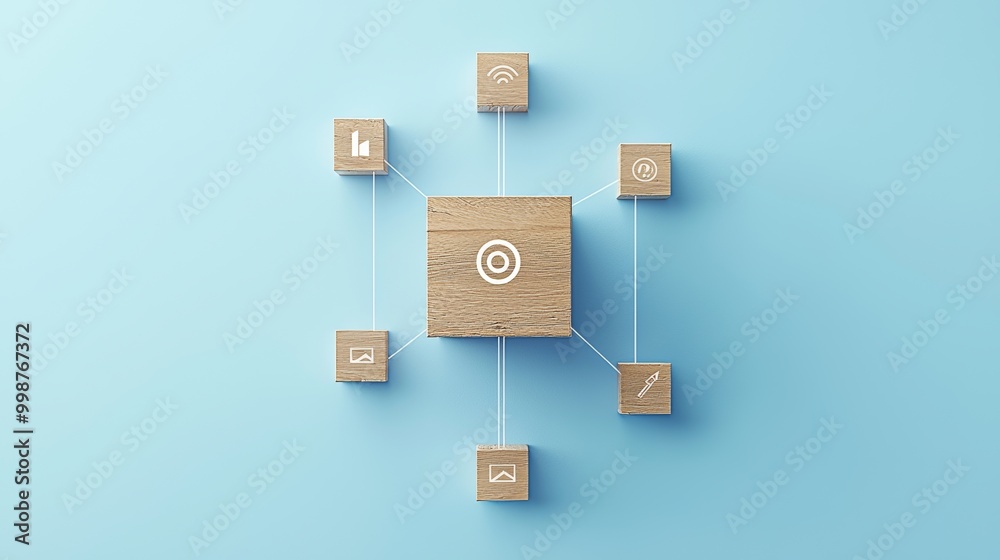 Object with Prohibition Symbol on a Wooden Block. User network connections are represented by white string. Blue background. Object with Prohibition Symbol on a Wooden Block. User network connections are represented by white string. Blue background.
