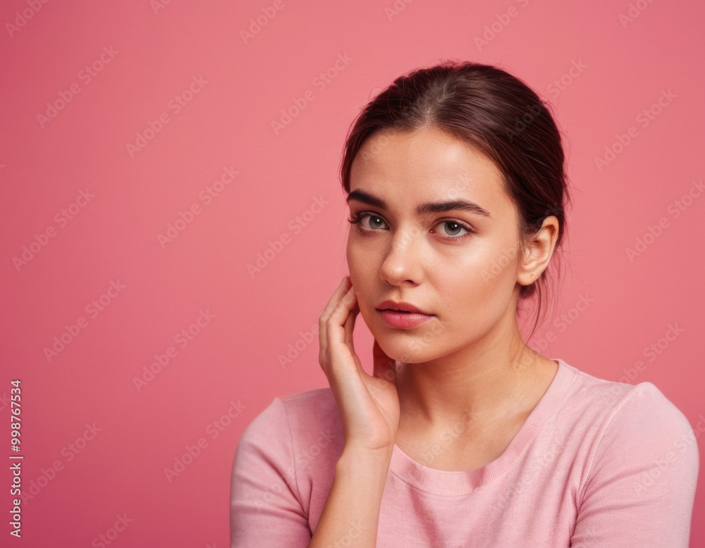 Sadly disgusted young woman isolated pink background with copy space Sadly disgusted young woman isolated pink background with copy space