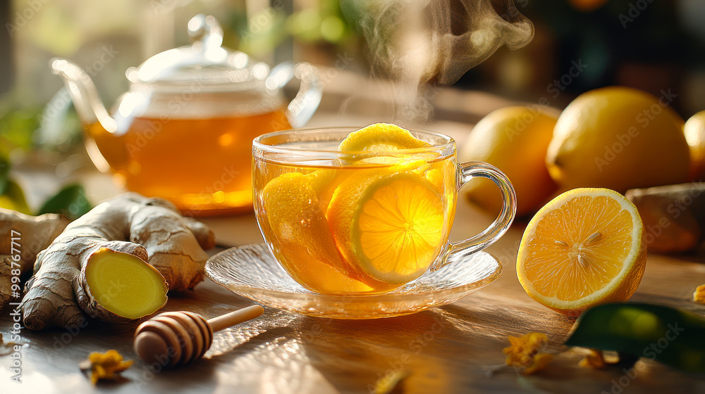 Hot ginger root tea with lemon, honey and mint garnish. A comforting glass cup of ginger tea with sliced lemon and fresh ginger roots, arranged on rustic wooden table. strengthening the immune system Hot ginger root tea with lemon, honey and mint garnish. A comforting glass cup of ginger tea with sliced lemon and fresh ginger roots, arranged on rustic wooden table. strengthening the immune system
