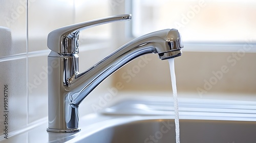 A closeup of a modern kitchen faucet with a small stream of water in a clean, minimalist space, highlighting simplicity and function.