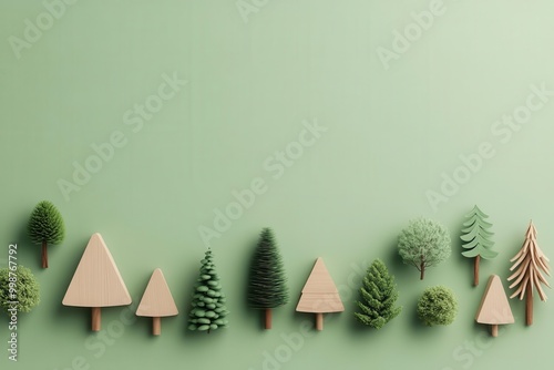 A collection of decorative wooden trees on a soft green background, perfect for eco-friendly or nature-themed projects.