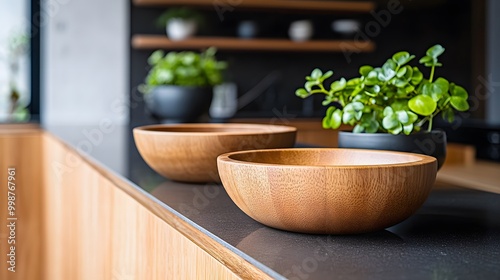 A closeup photo of a simple wooden bowl placed on a clean kitchen island, emphasizing the minimal, natural design.