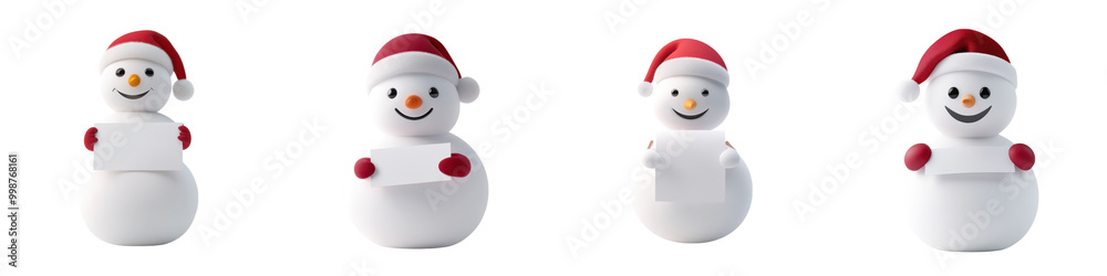 Four cheerful snowmen in red hats on a white background, perfect for festive themes. Four cheerful snowmen in red hats on a white background, perfect for festive themes.
