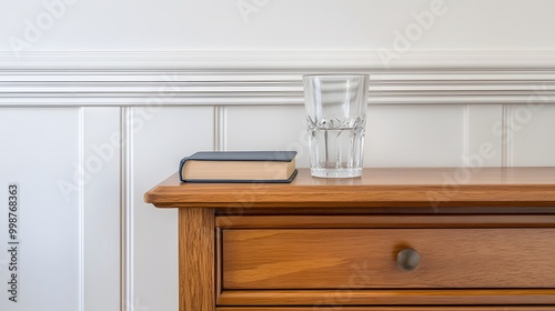 A closeup of a minimalist nightstand with only a glass of water and a book, emphasizing a clutter-free and peaceful bedroom environment.