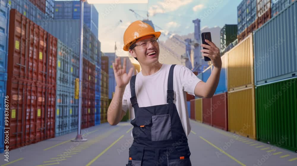 Asian Man Worker Wearing Goggles And Safety Helmet Waving Hand Having A Video Call On Smartphone While Standing At Container Yard Warehouse Asian Man Worker Wearing Goggles And Safety Helmet Waving Hand Having A Video Call On Smartphone While Standing At Container Yard Warehouse