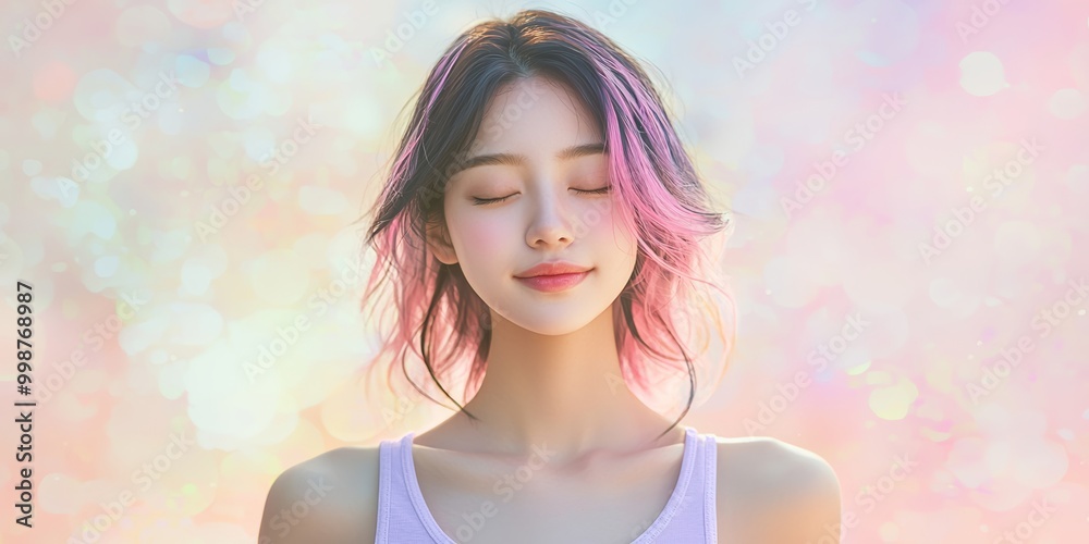 Young woman with pink and black hair in lavender tank top eyes closed soft smile glowing skin serene expression dreamy pastel background peaceful and ethereal mood. Young woman with pink and black hair in lavender tank top eyes closed soft smile glowing skin serene expression dreamy pastel background peaceful and ethereal mood.