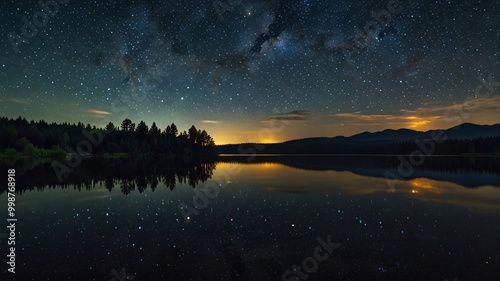 Star Sky and Starry Night Reflected in a Calm Lake Magical and peaceful Astronomy.