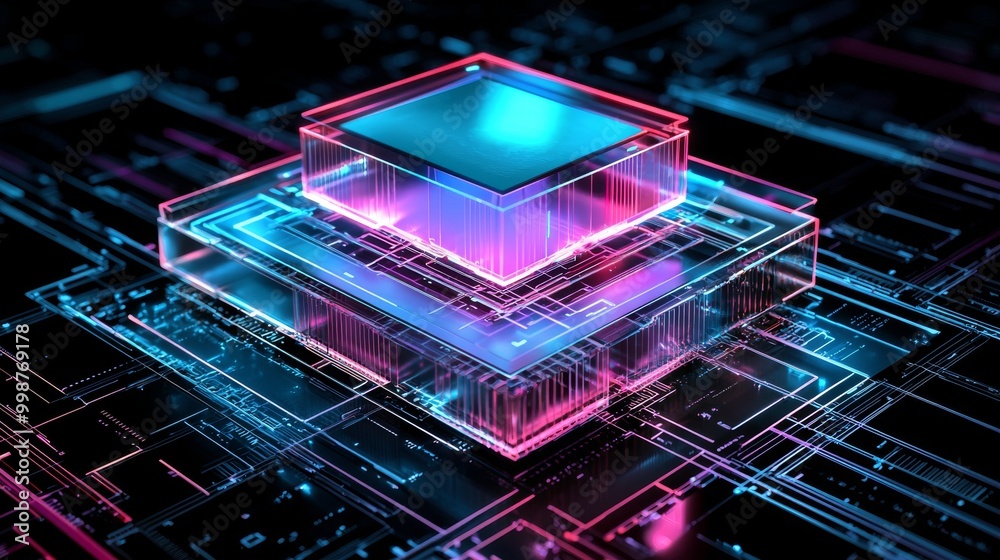 Fototapeta premium This is a 3D model of a pink and blue network technology concept with ethernet symbol as neon light. The icon is a vibrant colored icon, on a black background with a high tech floor.