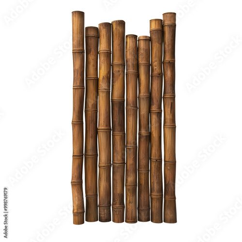 Bamboo sticks arranged vertically isolated on transparent background.