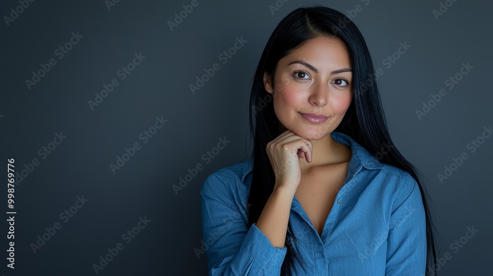Relaxed woman with long black hair in blue shirt smiling gently while contemplating with chin resting on hand against a neutral gray background perfect for lifestyle imagery. Relaxed woman with long black hair in blue shirt smiling gently while contemplating with chin resting on hand against a neutral gray background perfect for lifestyle imagery.