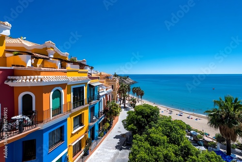 Colorful houses of Malaga's Pedregalejo neighborhood, with the sea just beyond, and locals enjoying seafood in the beachside restaurants