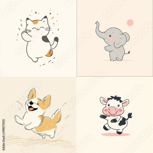 set of animals on light backdrop front view. stickers with different cute animals with different emotions.  funny happy cat, elephant, dog, cow isolated on background