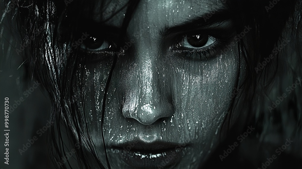 Intense Portrait of a Woman with Wet Skin and Dark Eyes