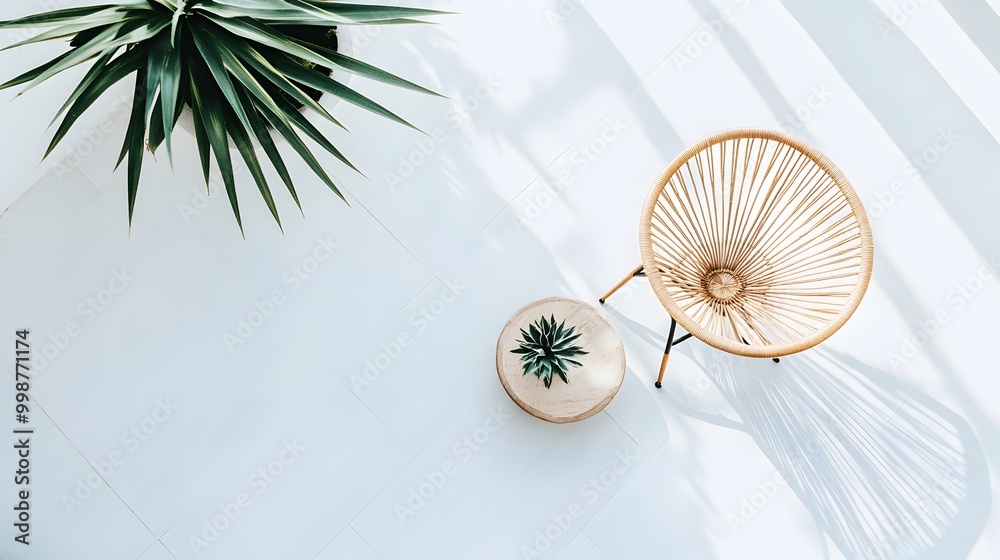 A birds-eye view of a modern balcony with minimalist furniture, including a single chair and a small table, creating a clean and luxurious outdoor space.