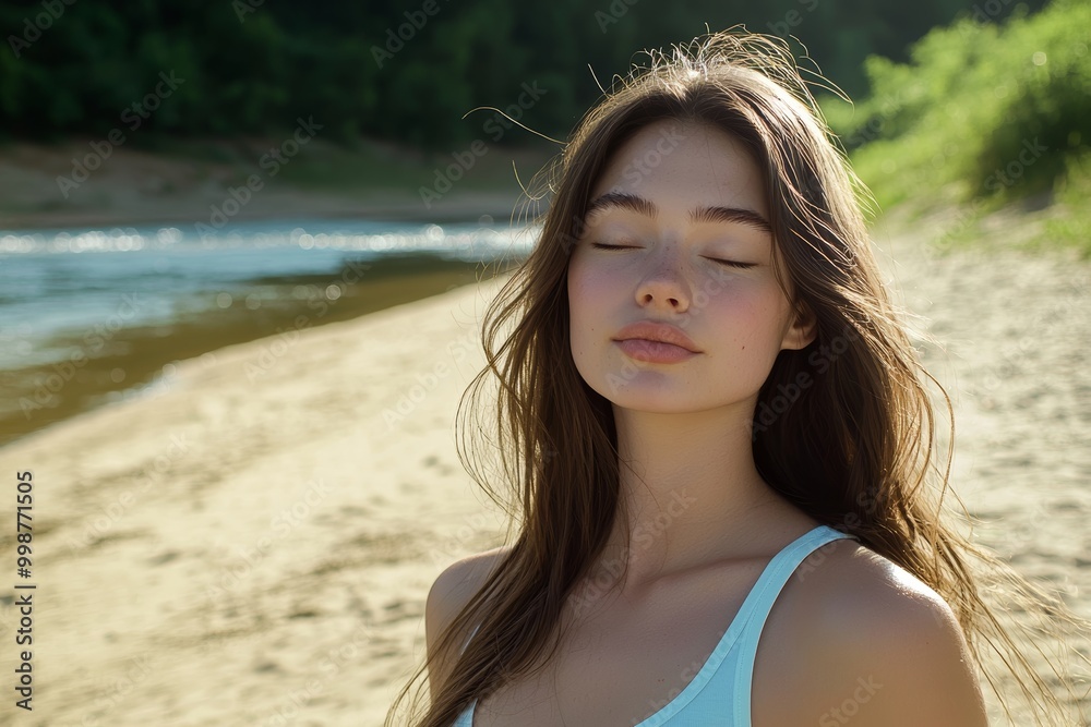 Woman with Long Brown Hair in Light Blue Tank Top Relaxing on Sandy Beach Eyes Closed Inhaling Fresh Air Sunlight Glowing on Skin Serene and Tranquil Moment Woman with Long Brown Hair in Light Blue Tank Top Relaxing on Sandy Beach Eyes Closed Inhaling Fresh Air Sunlight Glowing on Skin Serene and Tranquil Moment