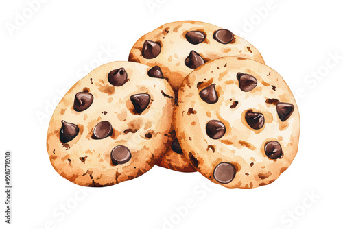 Freshly baked chocolate chip cookies isolated on transparent background.